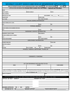 MCKINLEY COUNTY SEARCH AND RESCUE MEMBERSHIP APPLICATION - mckinleycountysar