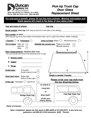 Pick-Up Truck Cap Door Glass Replacement Form