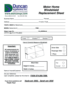 Motor Home Windshield Replacement Form