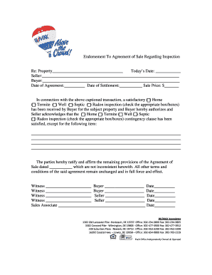 Endorsement to Agreement of Sale Regarding Inspection