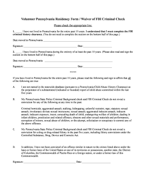 Pennsylvania Residency Form / FBI Criminal Check Waiver