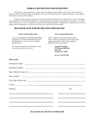 Parks and Recreation Registration Form