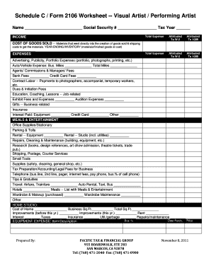 Schedule C Form 2106 Worksheet for Artists