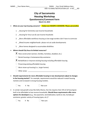 City of Sacramento Housing Workshop Questionnaire