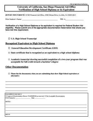 UCSD High School Diploma Verification Form