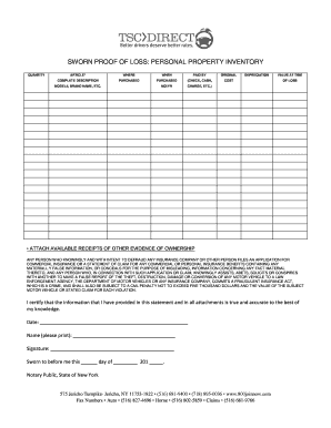 Sworn Proof of Loss for Personal Property