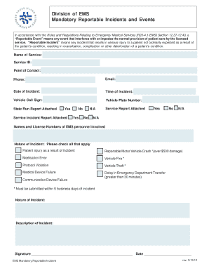 EMS Mandatory Reportable Incident Form