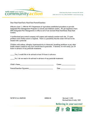 West Virginia Head Start Pest Management Notice