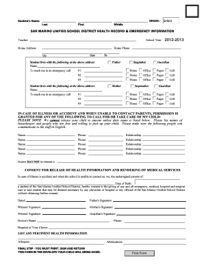 San Marino Unified School District Health Record & Emergency Information