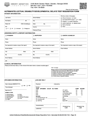 Autism Intellectual Disability Developmental Delays Test Requisition Form