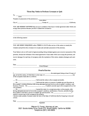 Three-Day Notice to Perform Covenant or Quit