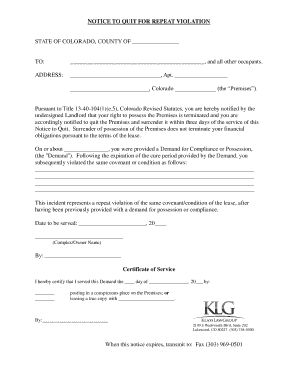 Notice to Quit for Repeat Violation