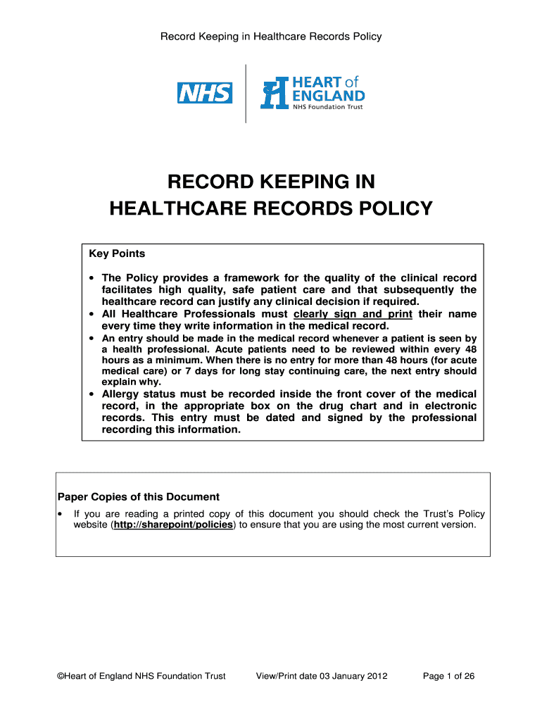 Fillable Online Record Keeping in Healthcare Records Policy Fax Email