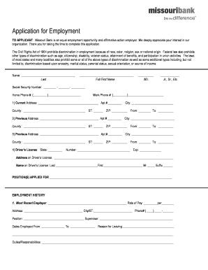 Missouri Bank Employment Application Form