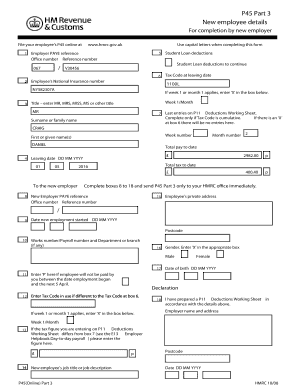 UK P45 Part 3 Form