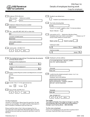UK P45 Form Part 1A