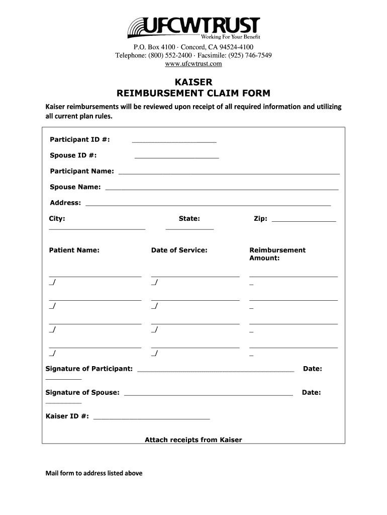Fillable Online KAISER REIMBURSEMENT CLAIM FORM Fax
