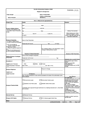 Tata AIA Life Insurance Request For Change Form