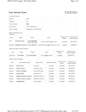 FIRST LEGO League Team Roster Form