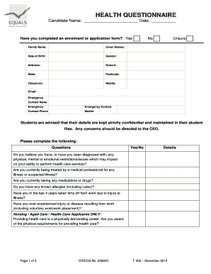 Health Questionnaire for Healthcare Applicants