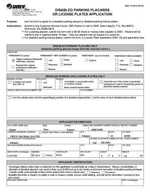 Virginia Disabled Parking Placard or License Plates Application