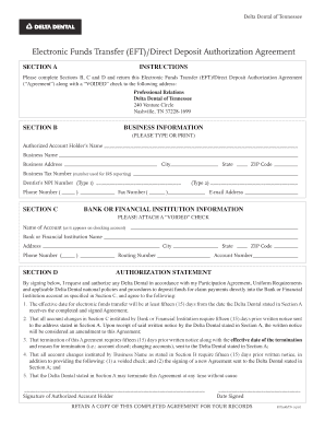 Delta Dental EFT Direct Deposit Authorization Agreement