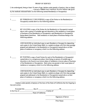 Proof of Service for Three Day Notice to Pay Rent or Quit