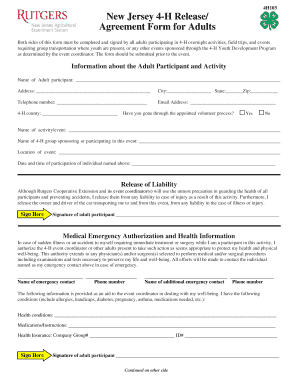 New Jersey 4-H Release Agreement Form for Adults