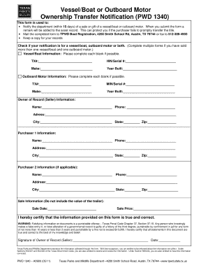 Texas Vessel/Boat or Outboard Motor Ownership Transfer Notification