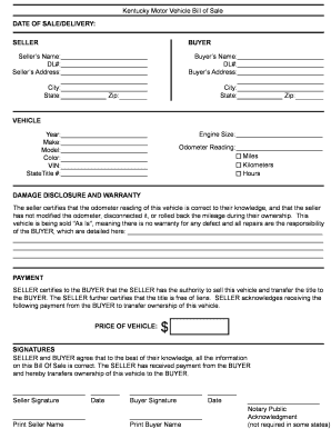Kentucky Motor Vehicle Bill of Sale
