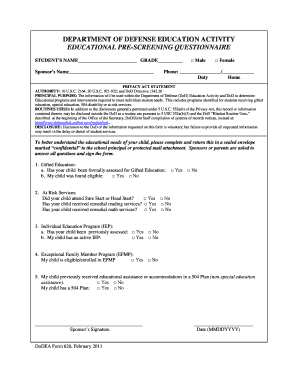 DoDEA Educational Pre-Screening Questionnaire