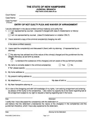 New Hampshire Not Guilty Plea Waiver Form