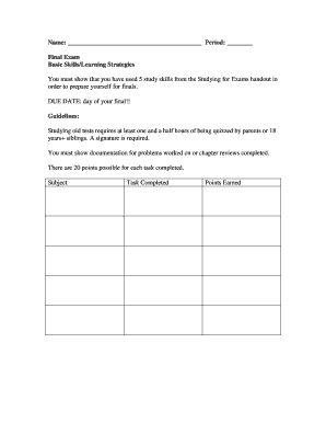 Final Exam Study Skills Form