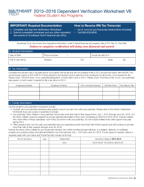 2015–2016 Dependent Verification Worksheet