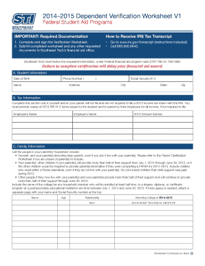 20142015 Dependent Verification Worksheet V1 Federal Student Aid Programs IMPORTANT: Required Documentation 1