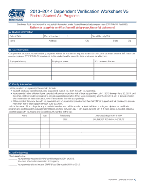 2013–2014 Dependent Verification Worksheet