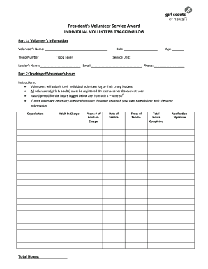 President's Volunteer Service Award Tracking Log
