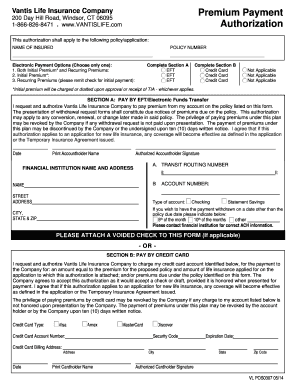 Vantis Life Insurance Premium Payment Authorization