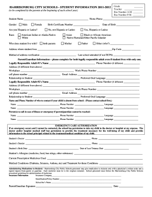 Harrisonburg City Schools Student Information Form
