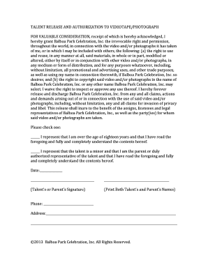 Talent Release and Authorization to Videotape/Photograph
