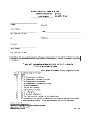 Answer to Complaint for Divorce without Children