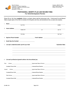 Professional Growth Plan and Record Form for Child Development Permits