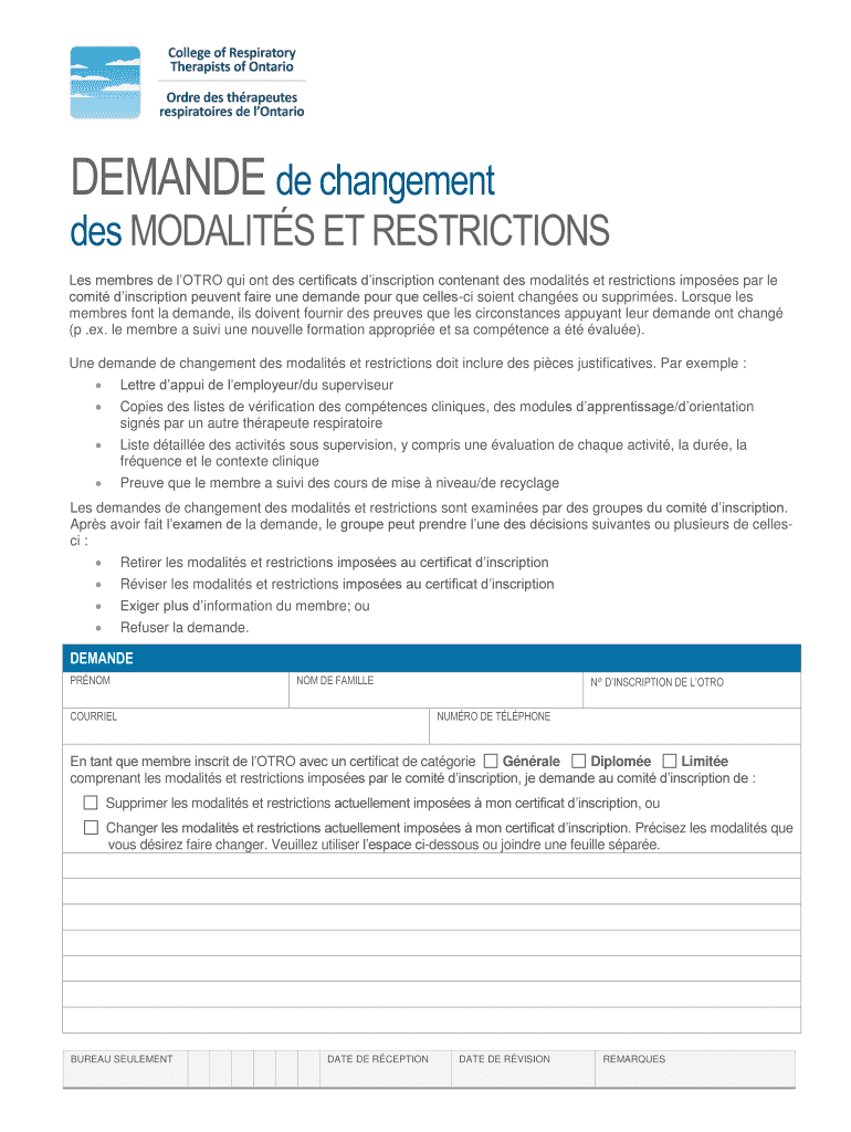 Remplissable En Ligne DEMANDE de changement des MODALITS ET RESTRICTIONS Fax Email Imprimer