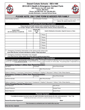 2012-2013 Health & Emergency Contact Form