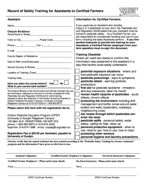 Pesticide Safety Training Record for Farmer Assistants