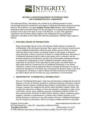 Buyer's Acknowledgement of Introduction and Confidentiality Agreement