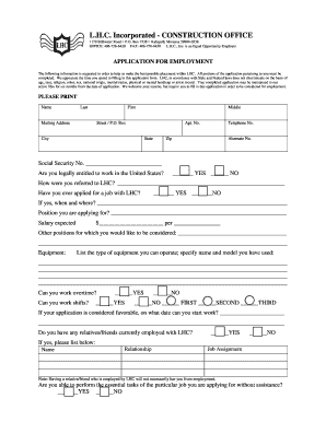 LHC Inc Construction Office Employment Application