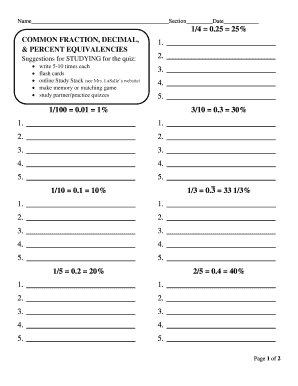 Math Fraction Decimal Percent Equivalency Worksheet