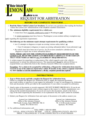Washington Lemon Law Request for Arbitration