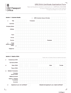 GRO Birth Certificate Application Form